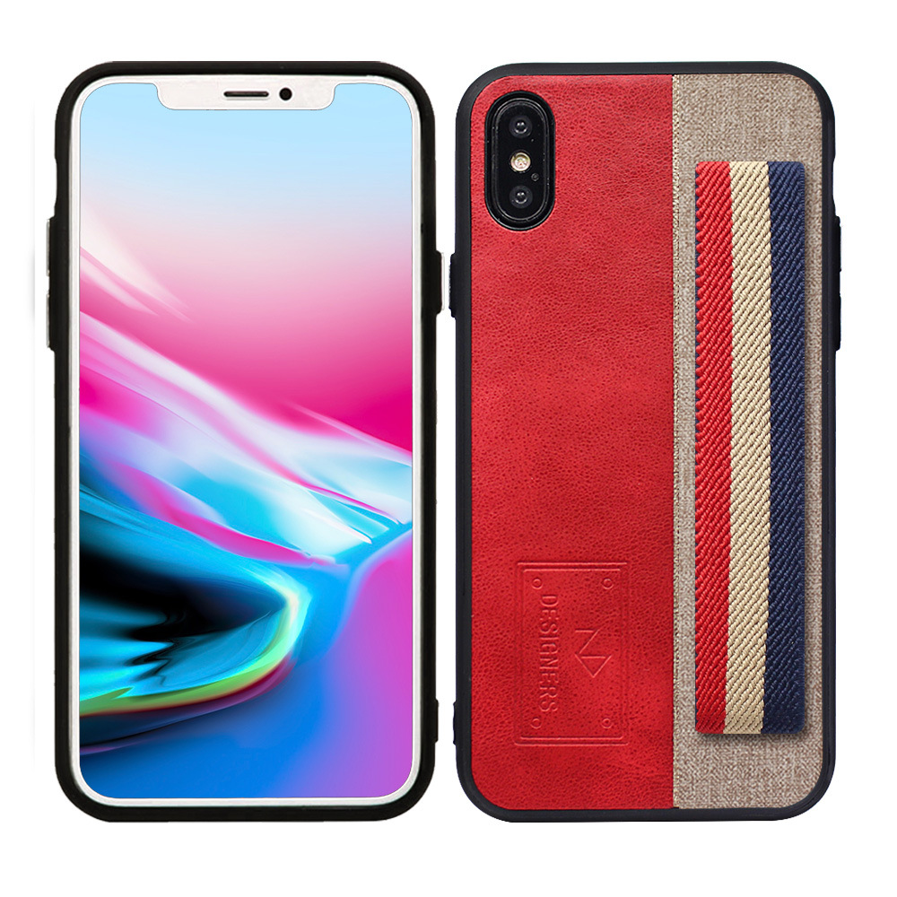 iPhone X (Ten) Striped Hand Strap Grip Holder PU LEATHER Case (Red)